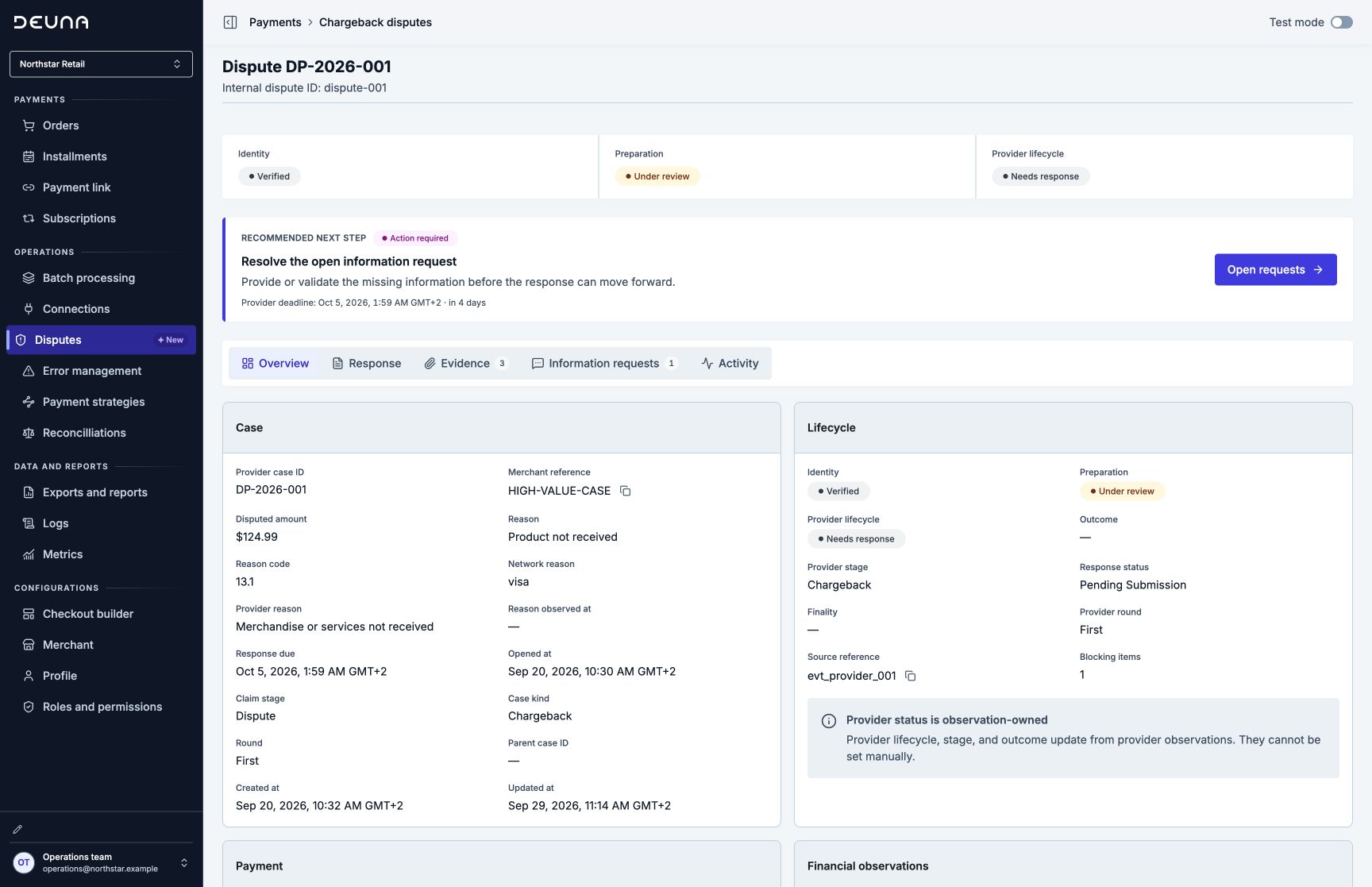 Dispute overview with identity, preparation, provider lifecycle, and next action