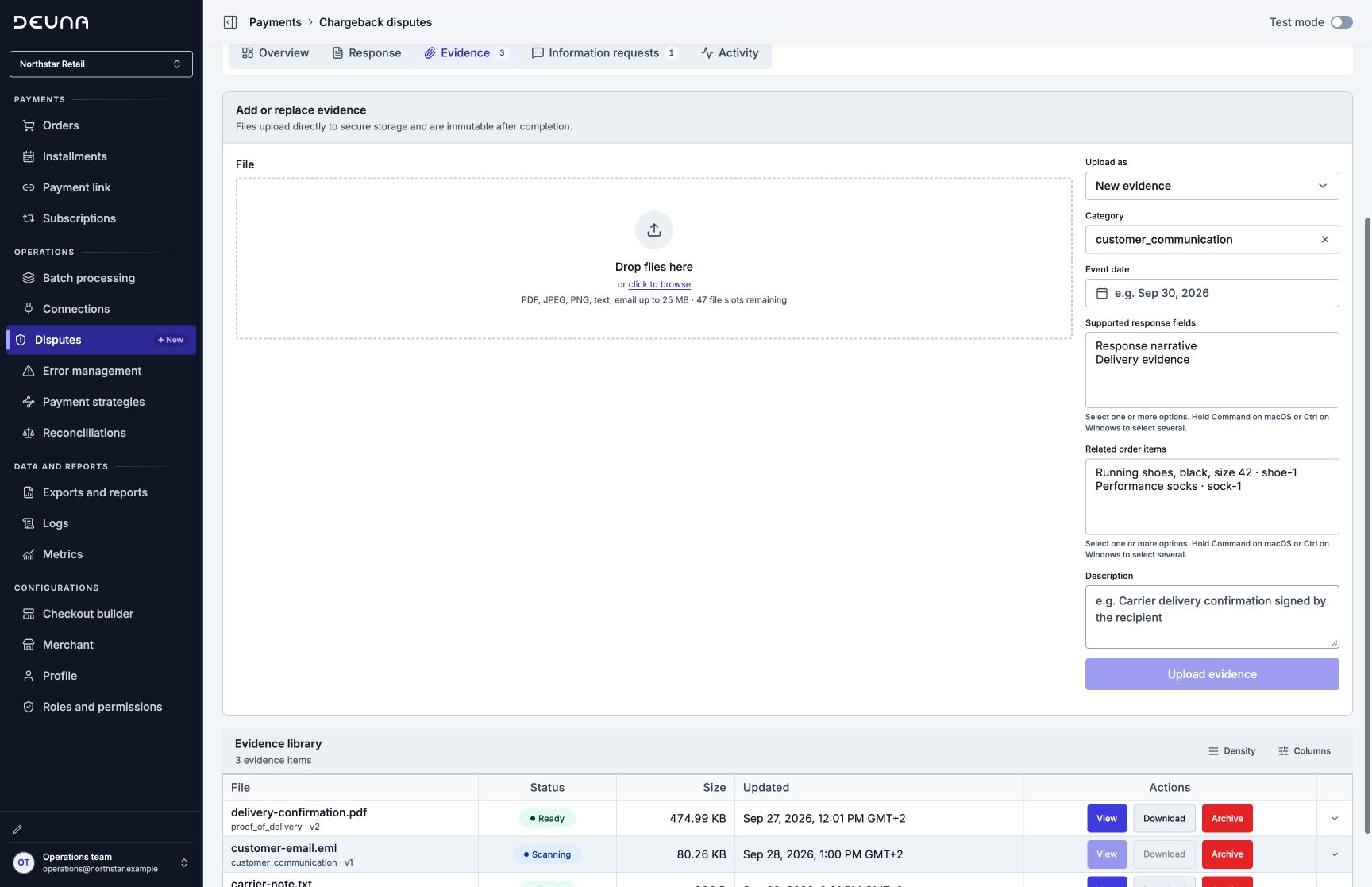 Carga de evidencia y biblioteca de evidencia con estados de archivos