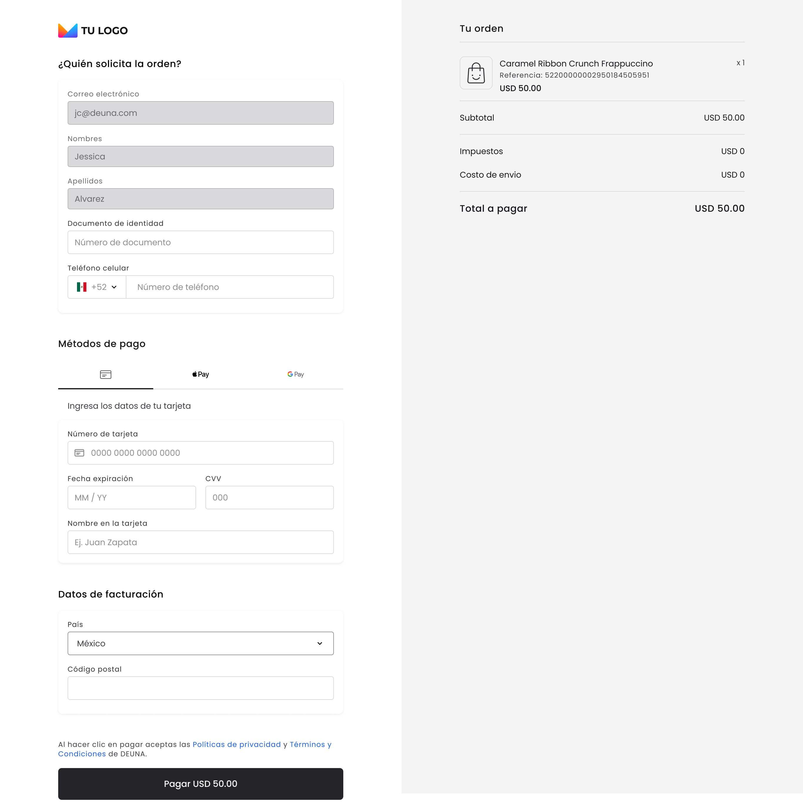 Payment Link con información del cliente, método de pago, campos de facturación y resumen del pedido